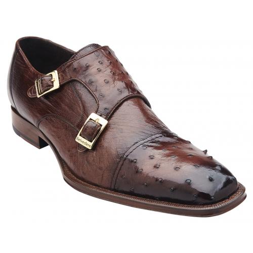 Belvedere "Cotto" Antique Brown Genuine Ostrich Leather Slip-On With Two Monk Strap 14002.